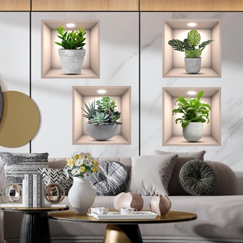 KeLay Fs 3D Green Plants Wall Sticker 4pcs 3D Vases Flower Wall Stickers Decals for Living Room Bedroom Kitchen Decor 3D Green Pot Plant Succulent Stickers(3D Plants) - Image 2