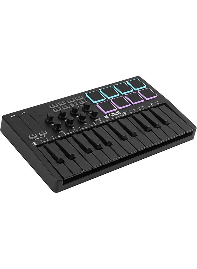 ام- فيفي مفتاح MIDI USB 25 نقطة من M-WAVE مع 8 وسادات طبول مضاءة، بلوتوث، لوح مفاتيح ديناميكي نصف الوزن احترافي، 8 مقبضات وإنتاج موسيقي، البرمجيات مضمّنة (أسود) - Image 1
