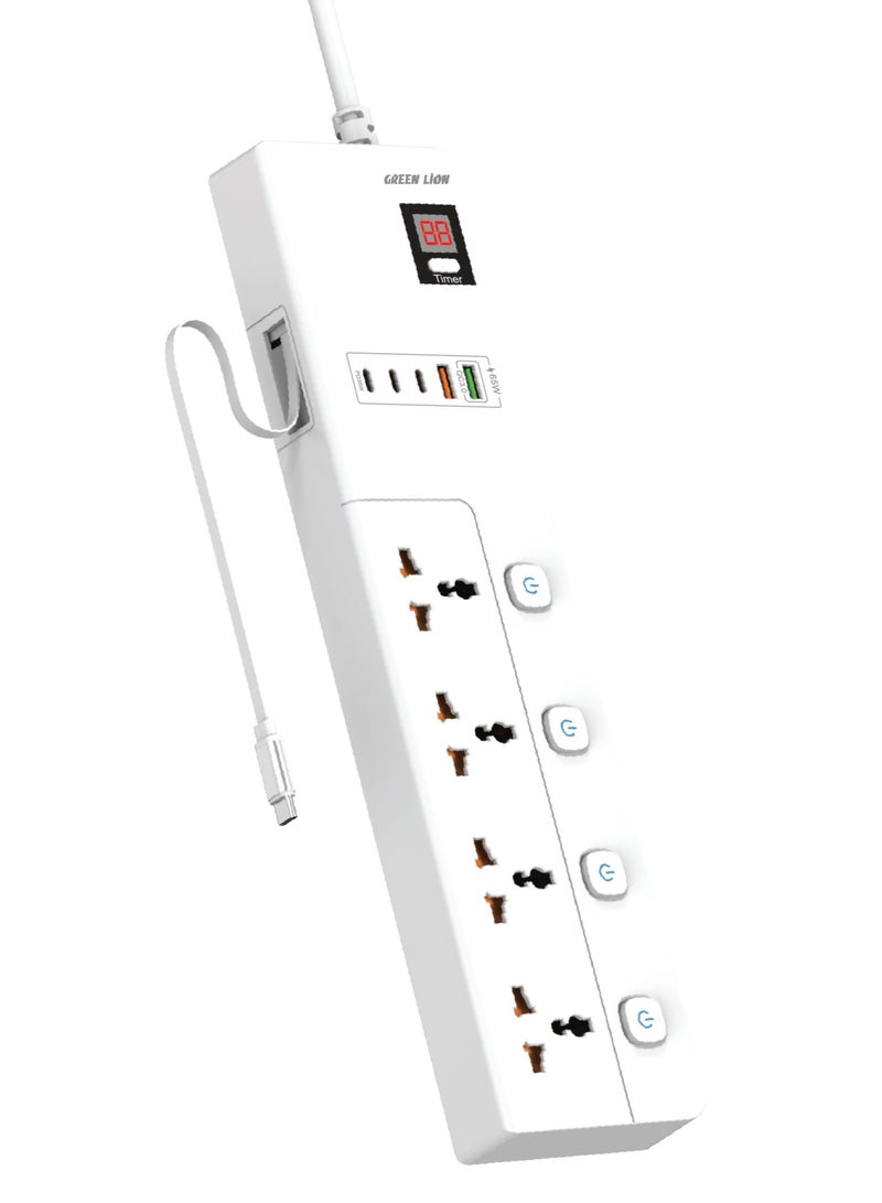 GREEN LION GS-900 Power Socket 3M 3500W with Retractable USB-C Cable / 4 Universal Sockets/ 2 USB-A/ 3 USB-C / UK Plug / Digital Timer Display/ Safeguard / Child Safety Door / Safe Power Strip - White - Image 1