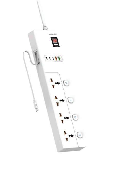 GS-900 Power Socket 3M 3500W with Retractable USB-C Cable / 4 Universal Sockets/ 2 USB-A/ 3 USB-C / UK Plug / Digital Timer Display/ Safeguard / Child Safety Door / Safe Power Strip - White