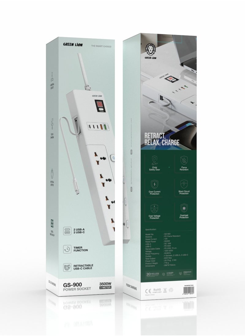 GREEN LION GS-900 Power Socket 3M 3500W with Retractable USB-C Cable / 4 Universal Sockets/ 2 USB-A/ 3 USB-C / UK Plug / Digital Timer Display/ Safeguard / Child Safety Door / Safe Power Strip - White  - Image 2