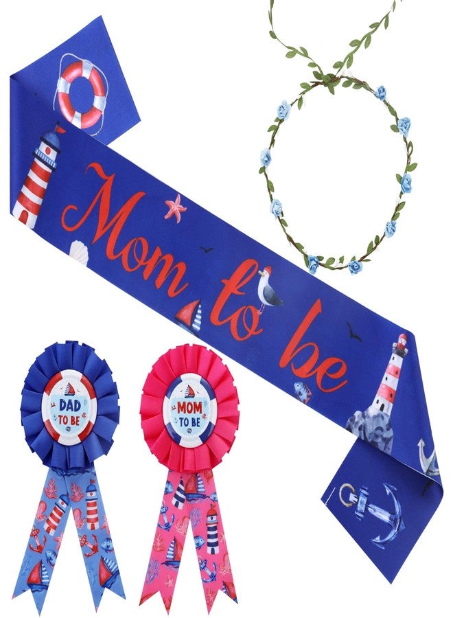 Serencatcher Nautical Baby Shower Maternity Sash, Anchor Baby Shower Decorations Mom to Be Dad to Be Corsage Pins Flower Crown Navy Blue and Red Neutral Nautical Ocean Theme Gender Reveal Party - Image 1