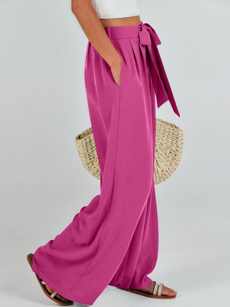 Caracilia Women Wide Leg Palazzo Pants Summer High Waist Flowy Casual Trousers Loose Lounge Beach Travel Vacation Clothes Hot Pink Large - Image 5