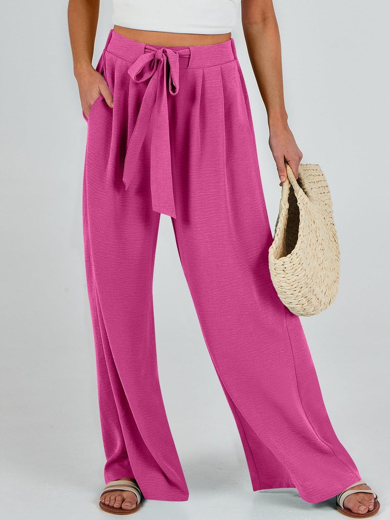 Caracilia Women Wide Leg Palazzo Pants Summer High Waist Flowy Casual Trousers Loose Lounge Beach Travel Vacation Clothes Hot Pink Large - Image 4