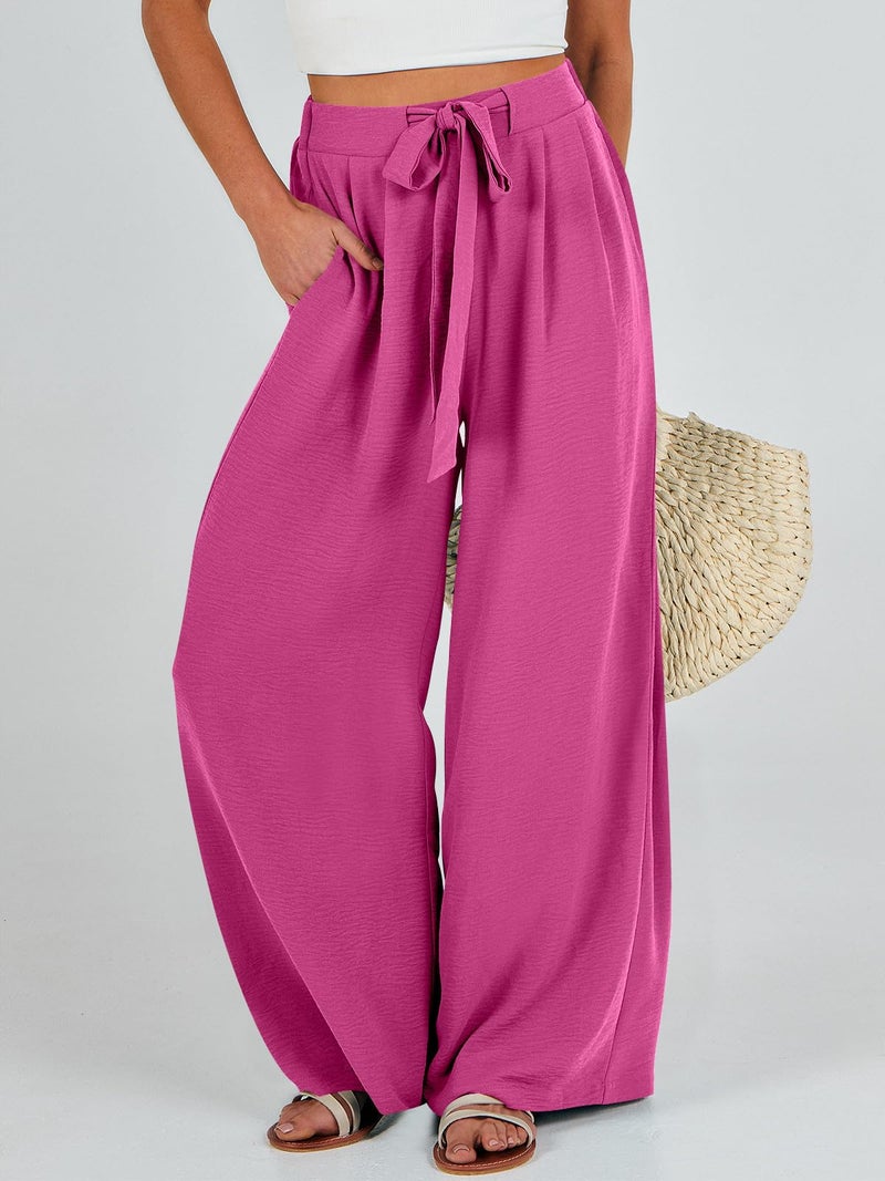 Caracilia Women Wide Leg Palazzo Pants Summer High Waist Flowy Casual Trousers Loose Lounge Beach Travel Vacation Clothes Hot Pink Large - Image 2