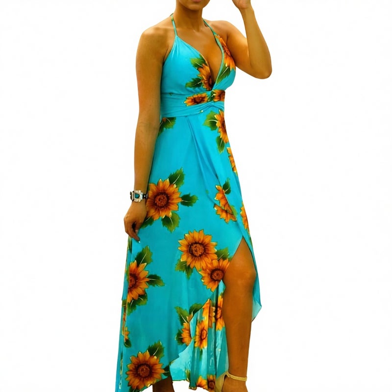 Women's Sunflower Print Dress V-Neck Slit Sleeveless Maxi Dress - Image 1