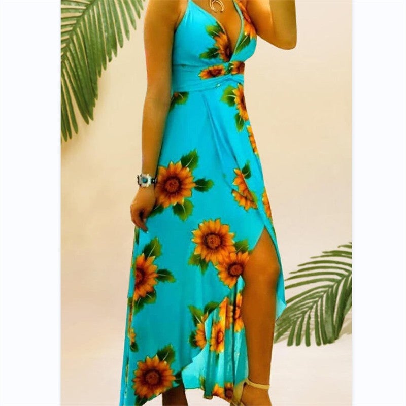 Women's Sunflower Print Dress V-Neck Slit Sleeveless Maxi Dress - Image 2
