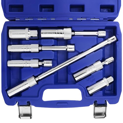WORKPRO طقم مفاتيح شمعات الإشعال المغناطيسية الدوارة من WORKPRO 7 قطع، يتضمن مفاتيح بحجم 9/16 بوصة، 5/8 بوصة، 13/16 بوصة، 14 مم مع جدران رقيقة وامتدادات بطول 4، 6، 11 بوصة، محرك 3/8 بوصة مع 12 نقطة، نواة مغناطيسية - Image 1