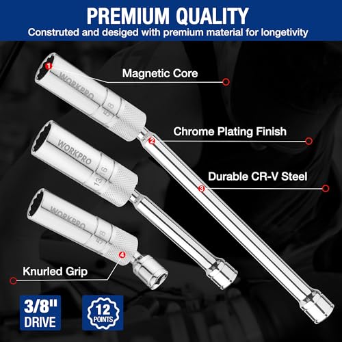 WORKPRO طقم مفاتيح شمعات الإشعال المغناطيسية الدوارة من WORKPRO 7 قطع، يتضمن مفاتيح بحجم 9/16 بوصة، 5/8 بوصة، 13/16 بوصة، 14 مم مع جدران رقيقة وامتدادات بطول 4، 6، 11 بوصة، محرك 3/8 بوصة مع 12 نقطة، نواة مغناطيسية - Image 4
