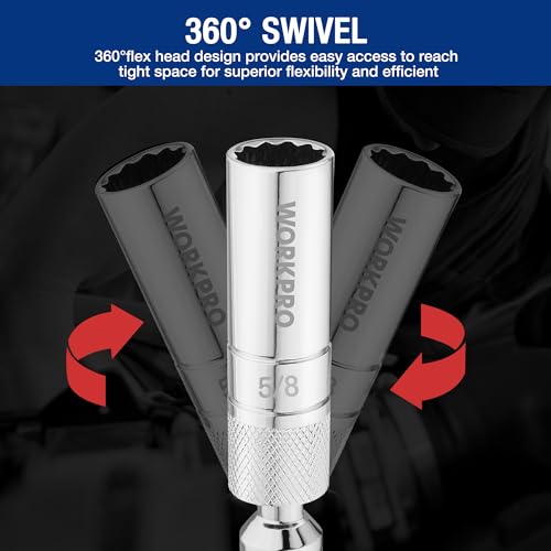 WORKPRO طقم مفاتيح شمعات الإشعال المغناطيسية الدوارة من WORKPRO 7 قطع، يتضمن مفاتيح بحجم 9/16 بوصة، 5/8 بوصة، 13/16 بوصة، 14 مم مع جدران رقيقة وامتدادات بطول 4، 6، 11 بوصة، محرك 3/8 بوصة مع 12 نقطة، نواة مغناطيسية - Image 5