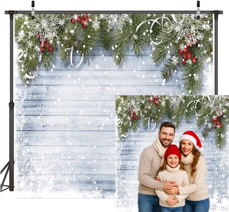 Dudaacvt Winter Christmas Backdrop 10x10ft Snowflake and Pine Branch Wooden Wall Background White Snow Scene for Holiday Party Pphoto Booth Christmas Wall Decor 219