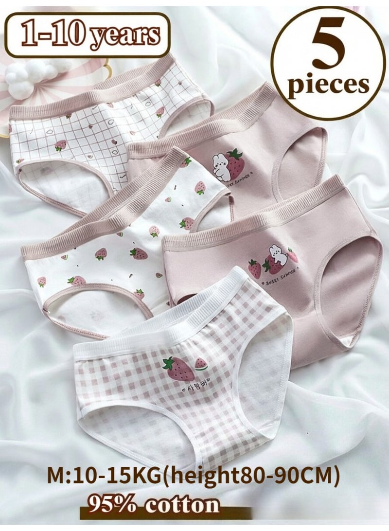 5 Pack Girls' Pure Cotton Briefs, Cute Cartoon Korean Style Underwear for Kids - Image 1
