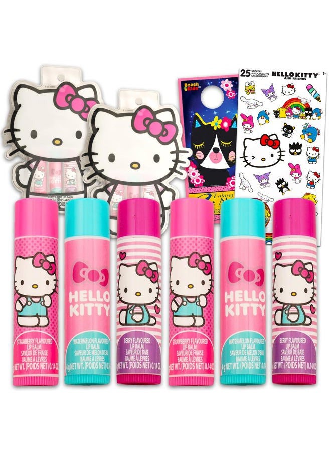 Hello Kitty أنابيب بلسم الشفاه - مجموعة تحتوي على 6 بلسم شفاه هالو كيتي بنكهات متنوعة لهدايا الحفلات بالإضافة إلى ملصقات هالو كيتي، والمزيد | هدايا حفلات هالو كيتي للفتيات - Image 1