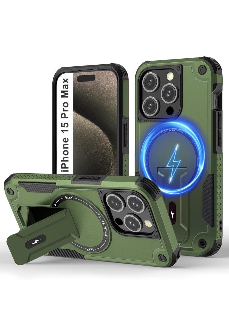 SOKAD Magnetic for iPhone 15 Pro Max Case with Stand. [Compatible with MagSafe] Built-in Kickstand, Rugged Protection Heavy Duty Shockproof Case (Green) - Image 1