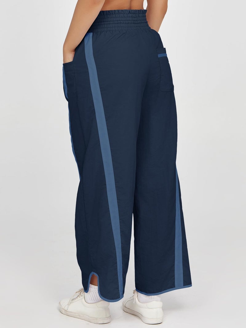 Fisoew Women's Baggy Wide Leg Pants Casual Drawstring Elastic Waisted Contrast Color Workout Y2K Track Pants Navy - Image 5