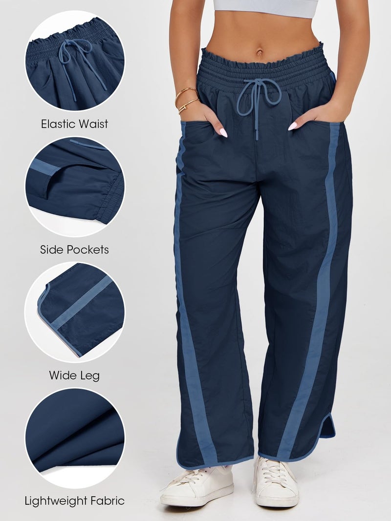 Fisoew Women's Baggy Wide Leg Pants Casual Drawstring Elastic Waisted Contrast Color Workout Y2K Track Pants Navy - Image 3