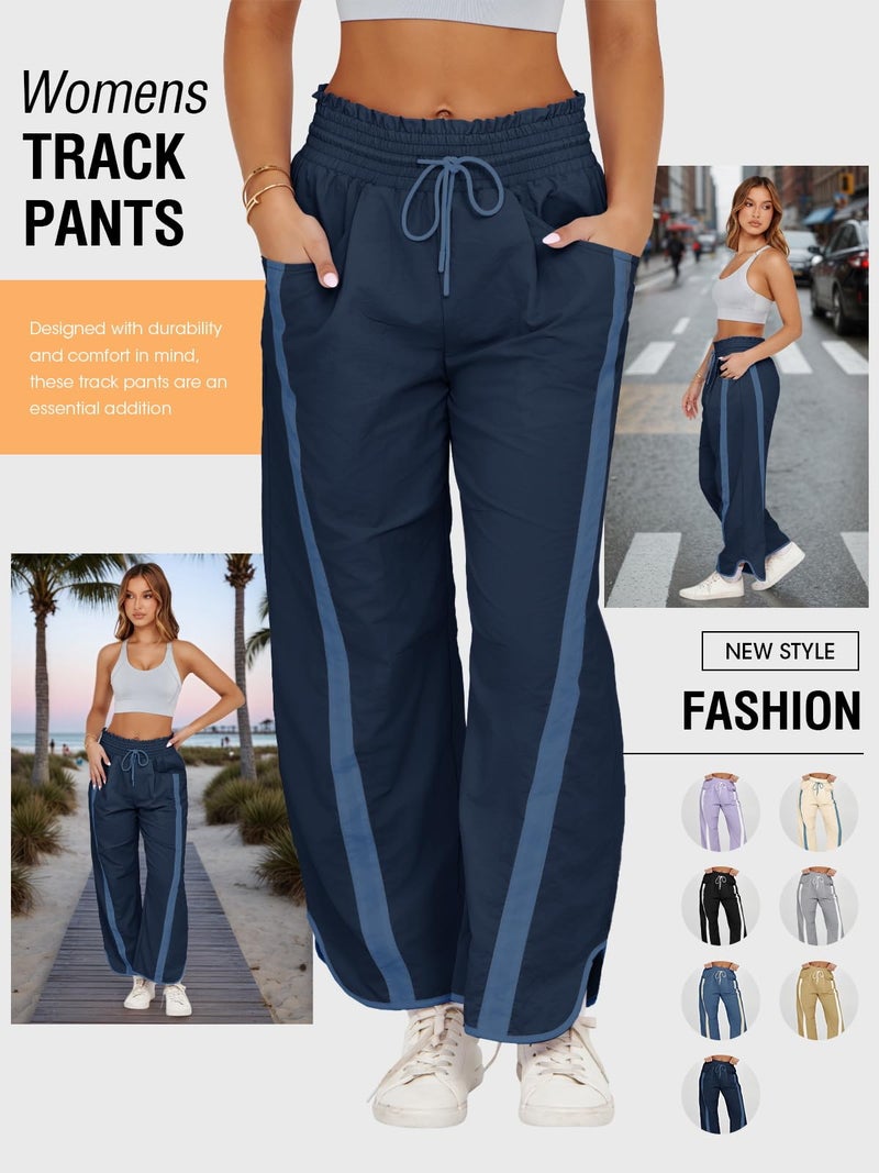 Fisoew Women's Baggy Wide Leg Pants Casual Drawstring Elastic Waisted Contrast Color Workout Y2K Track Pants Navy - Image 4