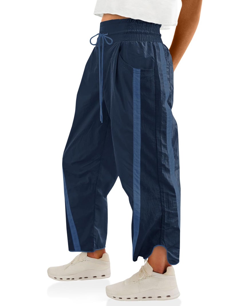 Fisoew Women's Baggy Wide Leg Pants Casual Drawstring Elastic Waisted Contrast Color Workout Y2K Track Pants Navy - Image 1