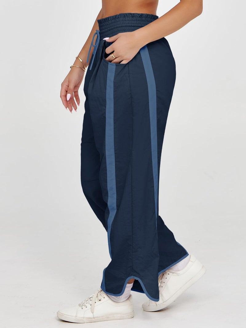 Fisoew Women's Baggy Wide Leg Pants Casual Drawstring Elastic Waisted Contrast Color Workout Y2K Track Pants Navy - Image 2