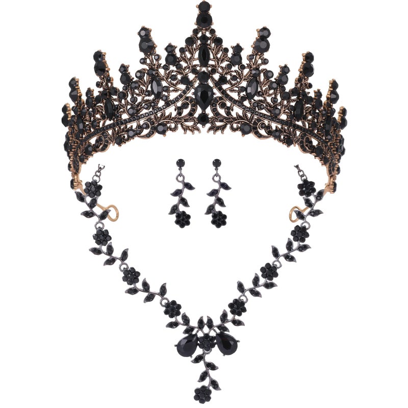 Kamirola Black Tiaras and Crowns for Women,Tiaras Earrings Necklace, Crystal Bridal Jewelry Set,Princess Party Costume Decorations Queen of Hearts Crown Hair Accessories Gift for Halloween Prom - Image 1