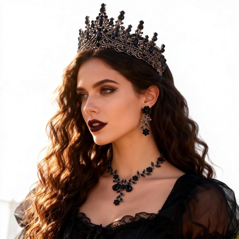 Kamirola Black Tiaras and Crowns for Women,Tiaras Earrings Necklace, Crystal Bridal Jewelry Set,Princess Party Costume Decorations Queen of Hearts Crown Hair Accessories Gift for Halloween Prom - Image 4