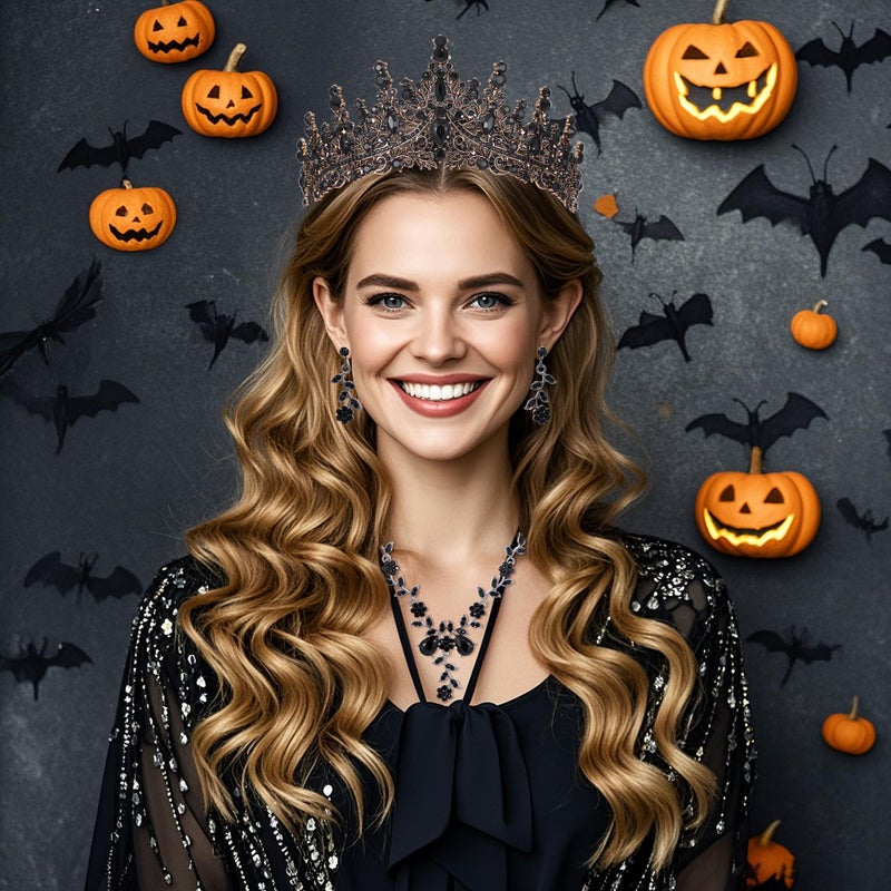 Kamirola Black Tiaras and Crowns for Women,Tiaras Earrings Necklace, Crystal Bridal Jewelry Set,Princess Party Costume Decorations Queen of Hearts Crown Hair Accessories Gift for Halloween Prom - Image 5