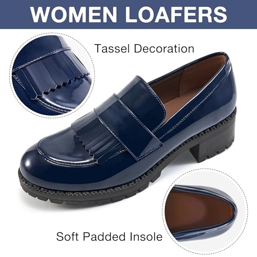Ecetana Womens Loafers Platform Chunky Penny Lug Sole Comfort Slip on Casual Fashion Business Work Shoes Dark Blue - Image 3