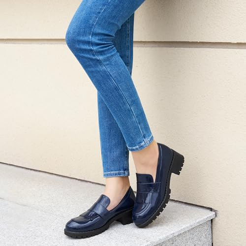 Ecetana Womens Loafers Platform Chunky Penny Lug Sole Comfort Slip on Casual Fashion Business Work Shoes Dark Blue - Image 5