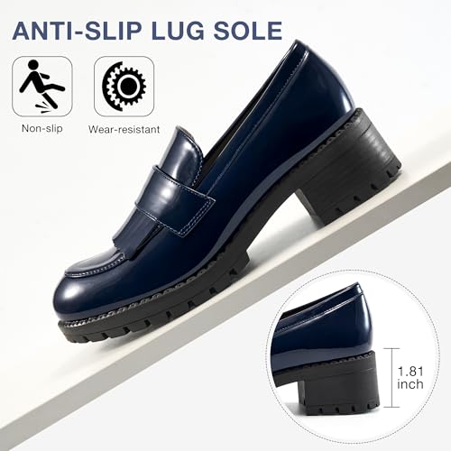 Ecetana Womens Loafers Platform Chunky Penny Lug Sole Comfort Slip on Casual Fashion Business Work Shoes Dark Blue - Image 4