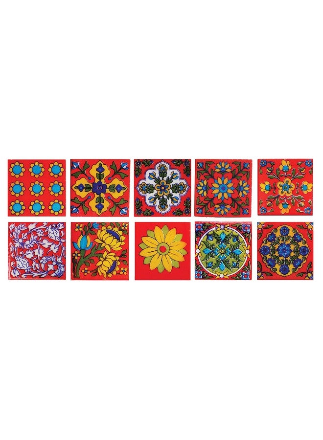 Shiv Kripa Blue Pottery Shiv Kripa Blue Art Pottery Interior Exterior Crafted Tabletop Flooring Wall Festive Decorative 2 x 2 inch Tiles Pack of 20 Tiles (Green, Red & Multi) - Image 3