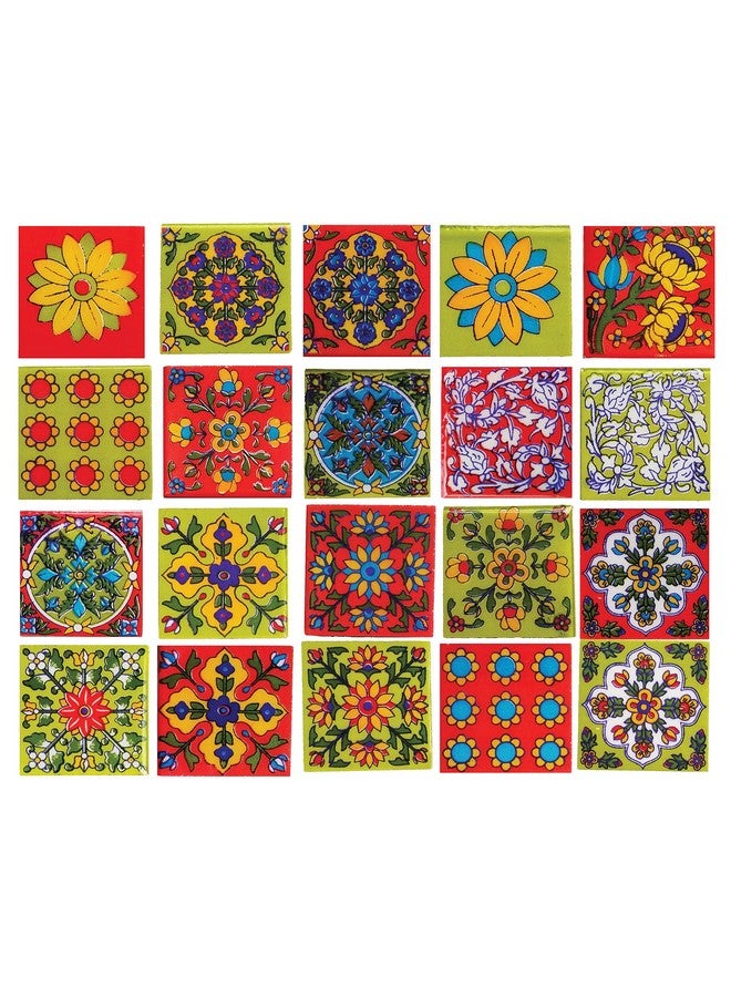 Shiv Kripa Blue Pottery Shiv Kripa Blue Art Pottery Interior Exterior Crafted Tabletop Flooring Wall Festive Decorative 2 x 2 inch Tiles Pack of 20 Tiles (Green, Red & Multi) - Image 1