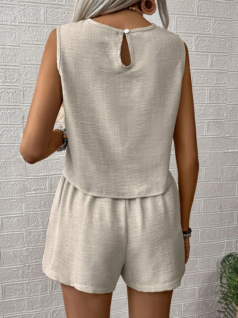 Women's Summer Western Style Solid Color Sleeveless V-Neck Top And Shorts 2pcs Set - Image 4
