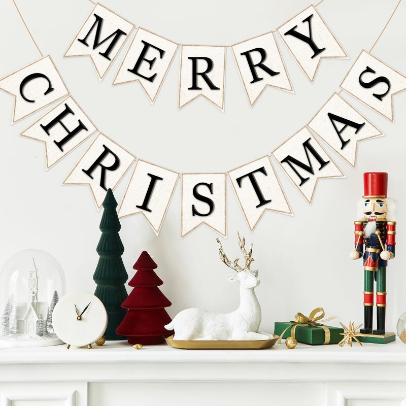 Whaline لاين 2 قطع لافتة عيد الميلاد من الخيش لافتة عيد الميلاد مصنوعة من الفelt لافتة عيد الميلاد مسبقة التجميع للزينة المنزلية وحفلات التعليق - Image 3