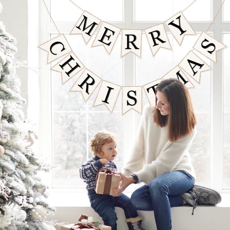 Whaline لاين 2 قطع لافتة عيد الميلاد من الخيش لافتة عيد الميلاد مصنوعة من الفelt لافتة عيد الميلاد مسبقة التجميع للزينة المنزلية وحفلات التعليق - Image 5