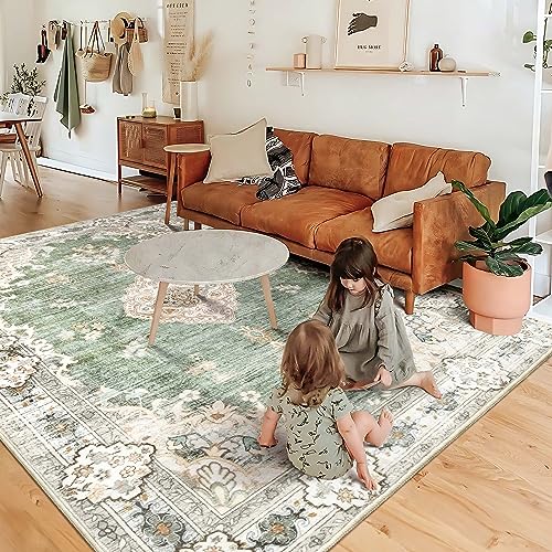 MUJOO Green Rug 6'x9' Area Rugs for Living Room Washable Rugs Large Boho Carpet for Bedroom Dining Room Neutral Vintage Farmhouse Abstract Non Slip Soft Low-Pile Floral Flowers - Image 2