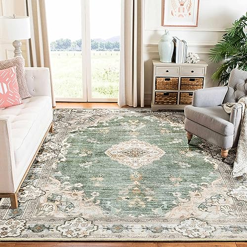 MUJOO Green Rug 6'x9' Area Rugs for Living Room Washable Rugs Large Boho Carpet for Bedroom Dining Room Neutral Vintage Farmhouse Abstract Non Slip Soft Low-Pile Floral Flowers - Image 1