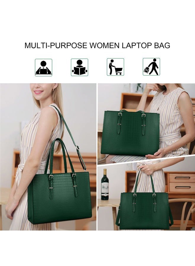 Lubardy Laptop Bag for Women 15.6 inch Laptop Tote Bag Leather Classy Computer Briefcase for Work Waterproof Handbag Professional Shoulder Bag Women Business Office Bag Large Capacity Green - Image 2