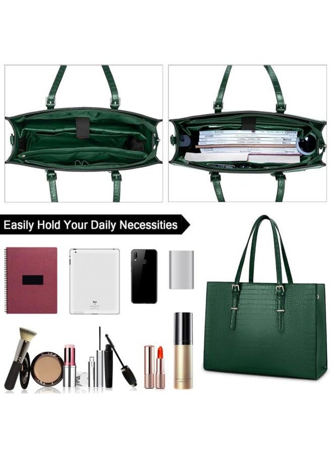 Lubardy Laptop Bag for Women 15.6 inch Laptop Tote Bag Leather Classy Computer Briefcase for Work Waterproof Handbag Professional Shoulder Bag Women Business Office Bag Large Capacity Green - Image 3