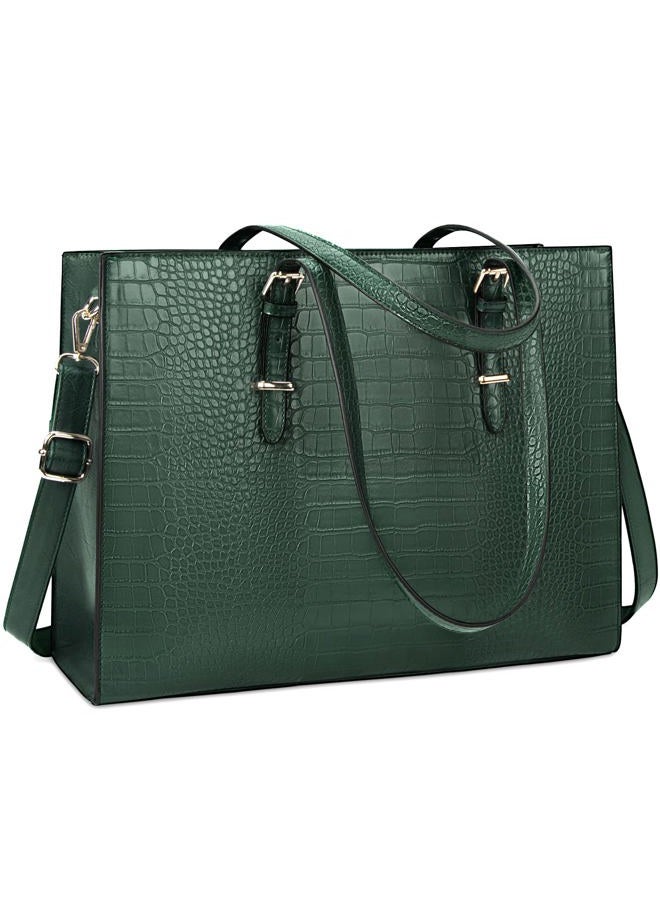 Lubardy Laptop Bag for Women 15.6 inch Laptop Tote Bag Leather Classy Computer Briefcase for Work Waterproof Handbag Professional Shoulder Bag Women Business Office Bag Large Capacity Green - Image 1