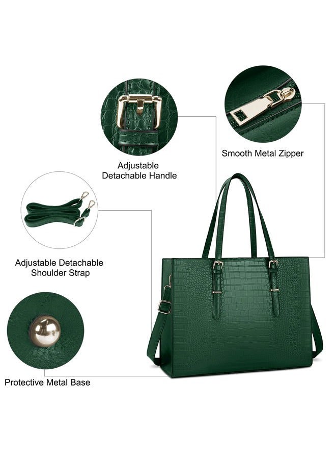 Lubardy Laptop Bag for Women 15.6 inch Laptop Tote Bag Leather Classy Computer Briefcase for Work Waterproof Handbag Professional Shoulder Bag Women Business Office Bag Large Capacity Green - Image 4
