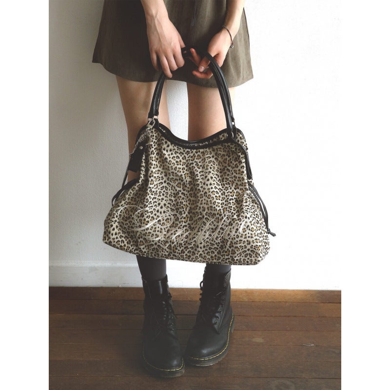 Korean Style Y2K Leopard & Polka Dot Large Tote Bag with Star Mirror Charm - Image 3