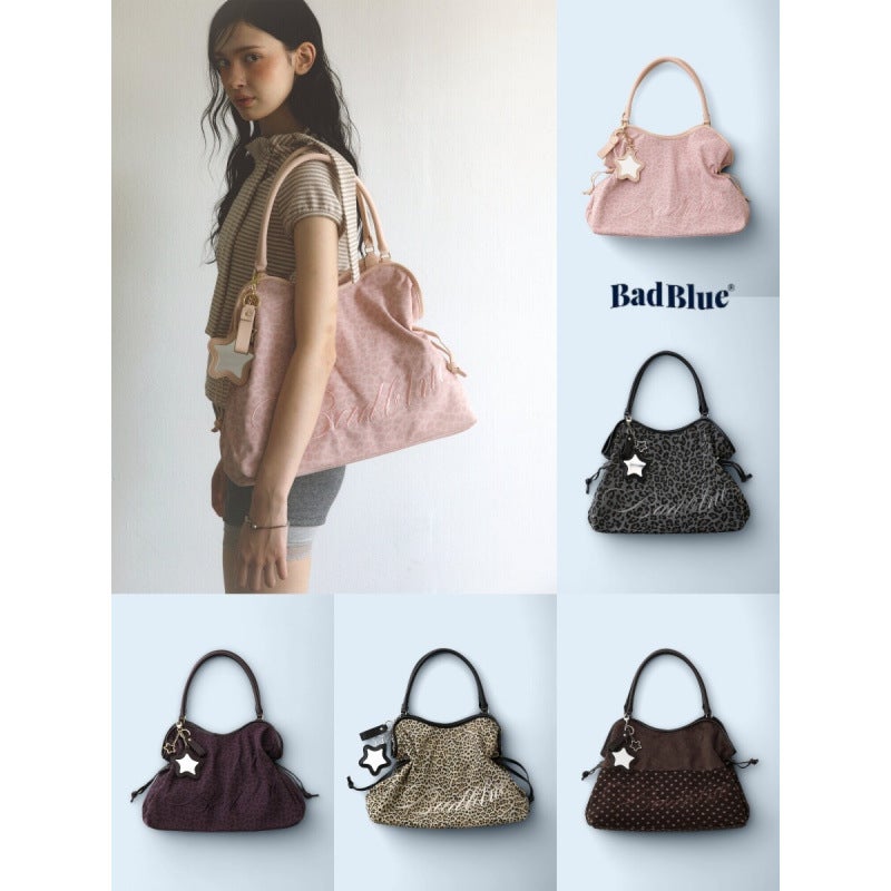 Korean Style Y2K Leopard & Polka Dot Large Tote Bag with Star Mirror Charm - Image 1