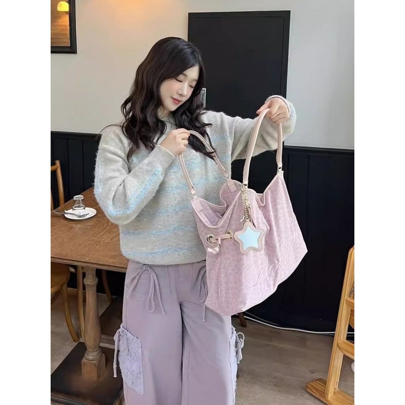 Korean Style Y2K Leopard & Polka Dot Large Tote Bag with Star Mirror Charm - Image 4