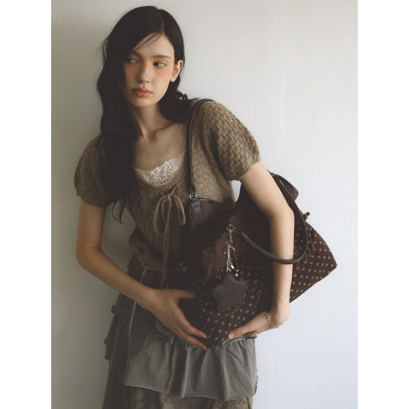 Korean Style Y2K Leopard & Polka Dot Large Tote Bag with Star Mirror Charm - Image 2