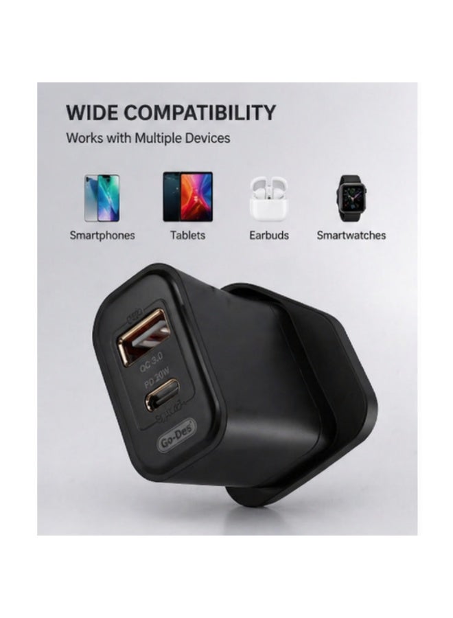 شاحن سريع 38 واط بمنفذين PD + QC3.0 | شاحن حائط USB-C و USB-A سريع - Image 5