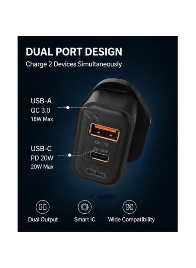 شاحن سريع 38 واط بمنفذين PD + QC3.0 | شاحن حائط USB-C و USB-A سريع - Image 1