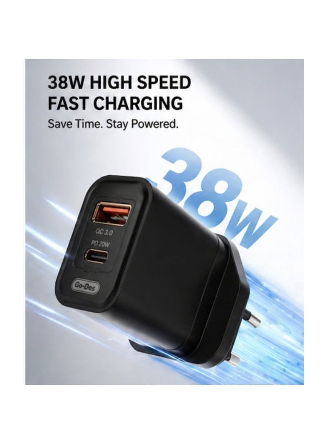شاحن سريع 38 واط بمنفذين PD + QC3.0 | شاحن حائط USB-C و USB-A سريع - Image 2