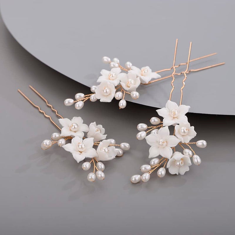 BERYUAN Bridal Flowers Leaves Hair Pins for Bride Women Dainty Pearls Beads Hair Pins for Girls GOLD 3 pcs