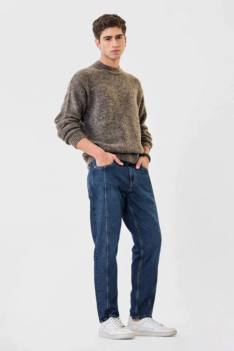 سنيتش Dark Blue Solid Wide Leg Casual Jeans