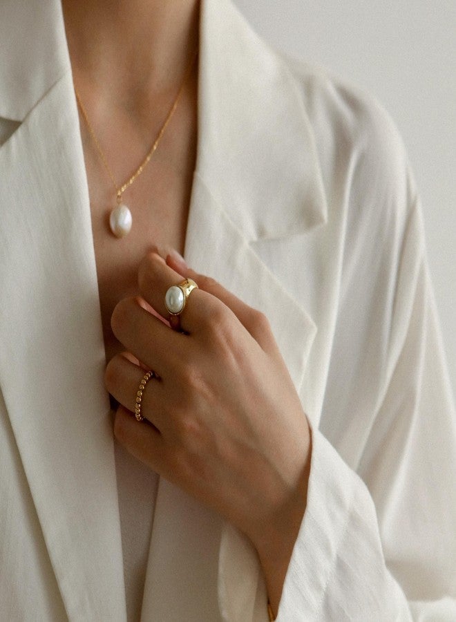 Shapes Studio 18K Gold Plated Vintage Pearl Signet Ring, Gold Rings for Women, Stacking Rings, Gold Band Minimalist Style, plated gold, no gem - Image 5